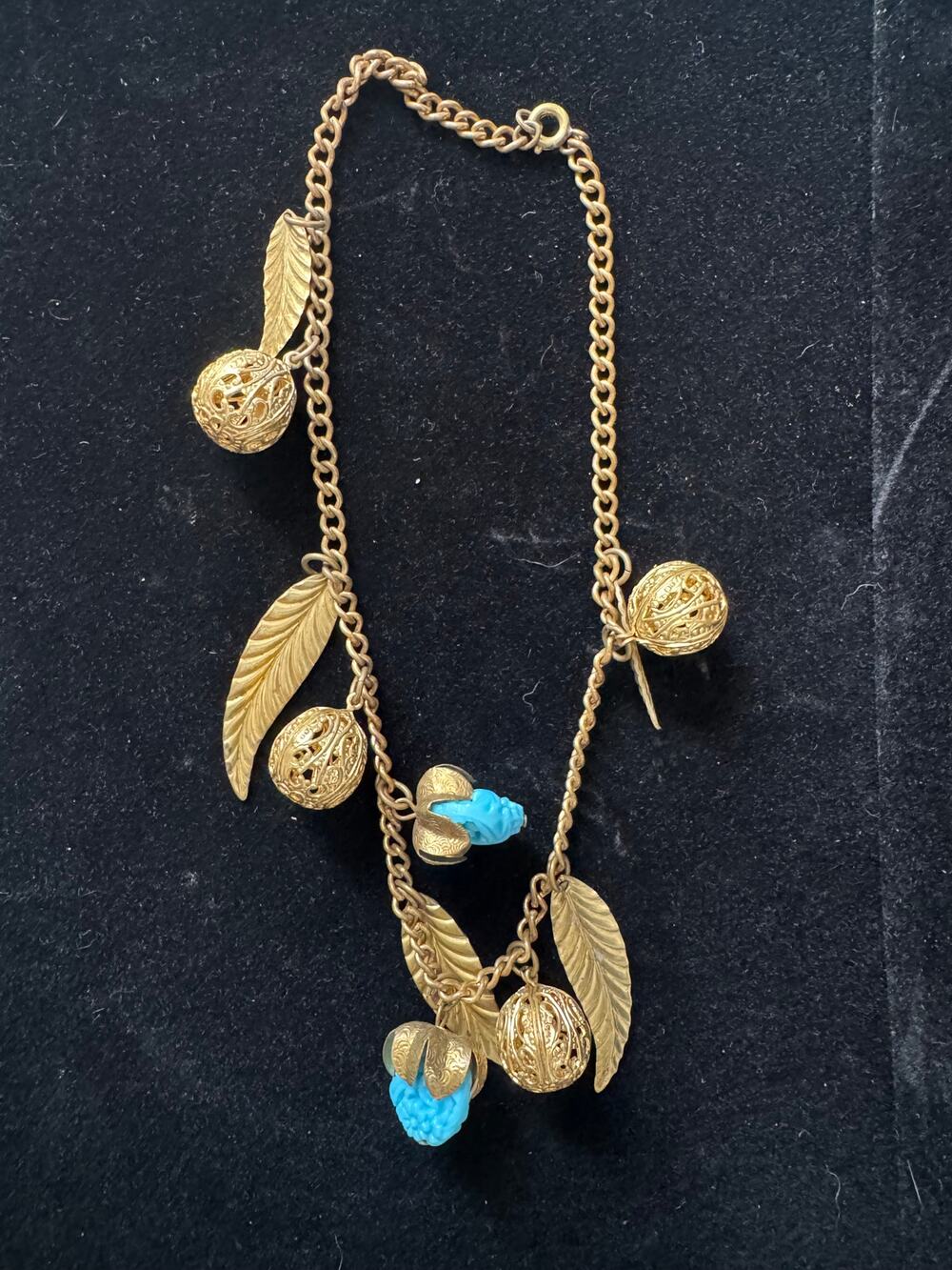 Bracelet / Small Necklace Gold Tone Turquoise Glass Filigree Leaf 14" Estate VTG